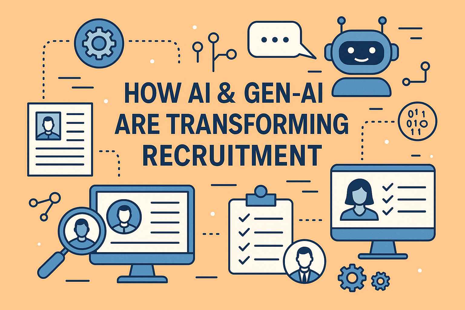 Illustration showing how AI and Generative AI are transforming global recruitment, featuring digital hiring tools and candidate profiles